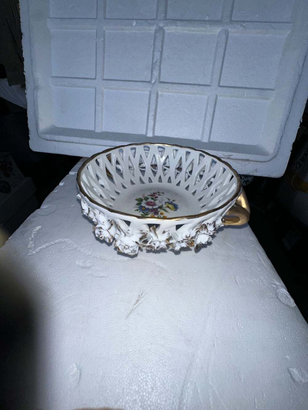 Limoges Footed Reticulated Porcelain Bowl with Applied Roses and Gold Trim